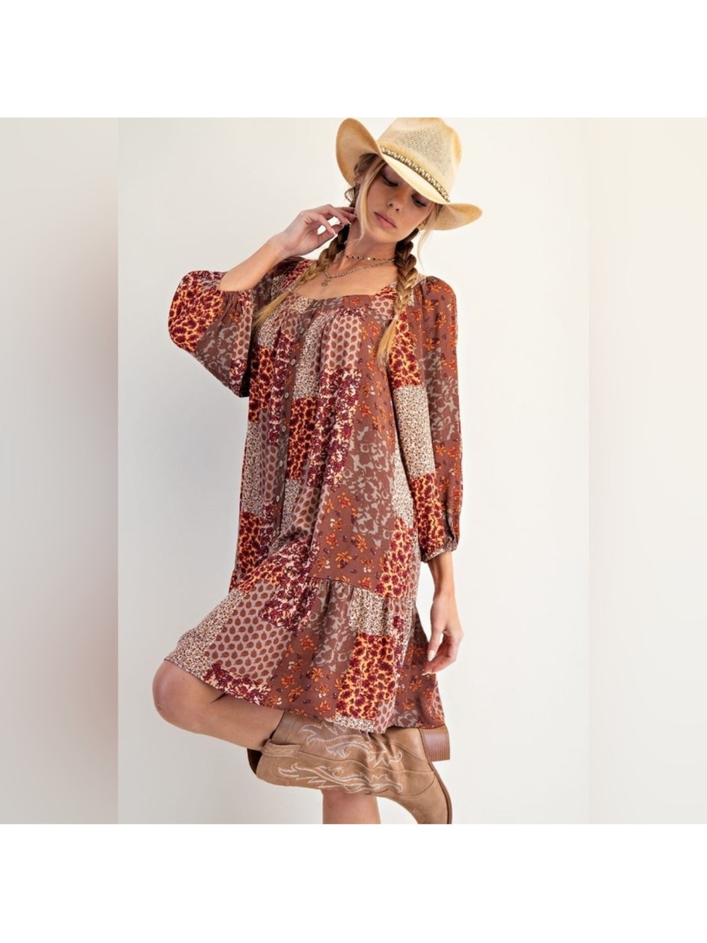 Boho Tiered Smock Mini Dress in Rust Patchwork